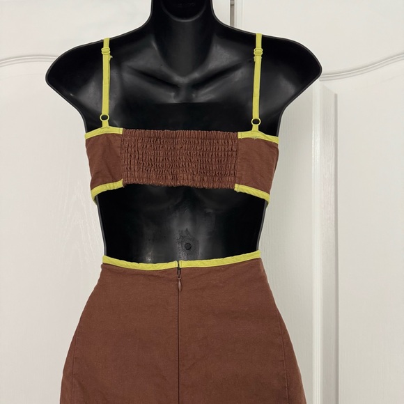 Maeve Anthropologie Dafni Cutout Linen Midi Dress Brown/Lime Green L - Picture 9 of 10